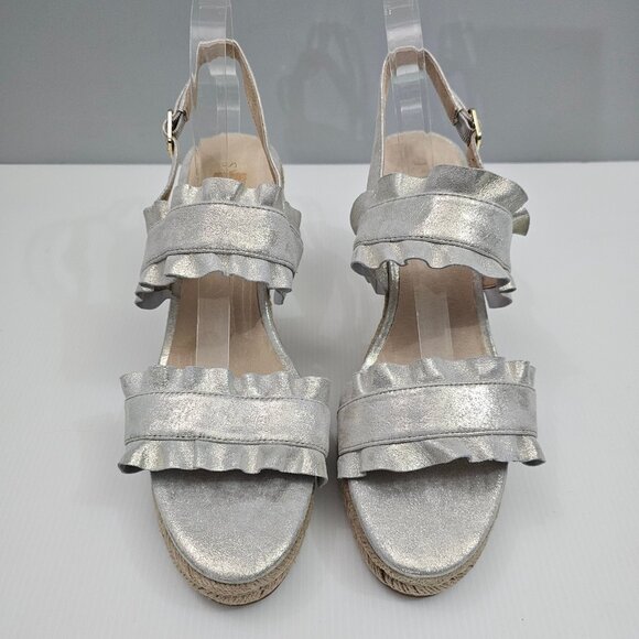 Jack Rogers Rosie Ruffle Sandal Womens 11 Metallic Platinum Wedge Espadrille - Picture 4 of 13